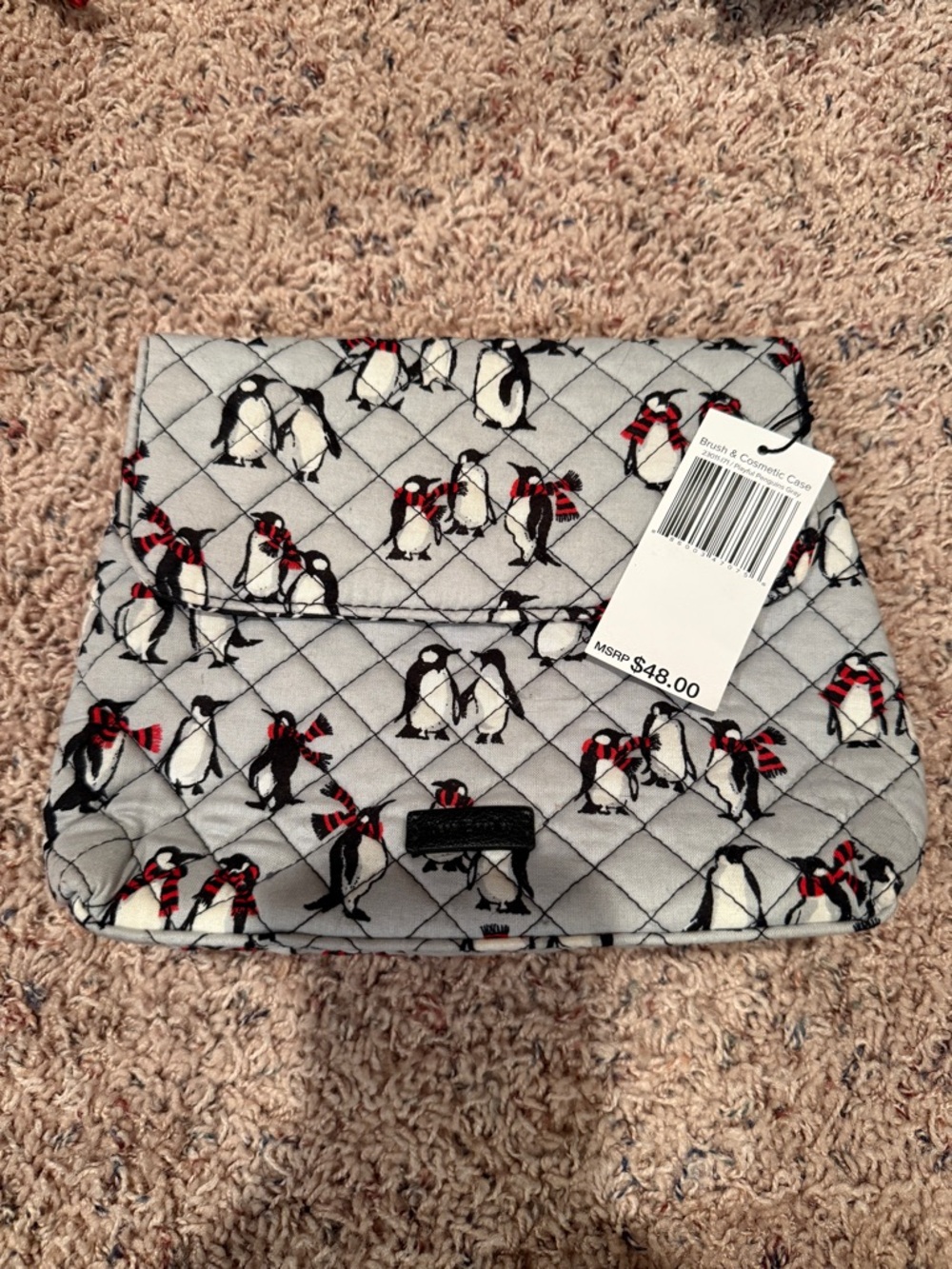 Vera Bradley Light Gray Quilted Cosmetic Pouch in Playful Penguin Print